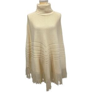 Banana Republic Extra Fine Merino Wool Cream Fringe Turtleneck Poncho  M/L